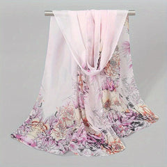 Peony Print Chiffon Scarf Gradient Silk Thin Shawl Hijab