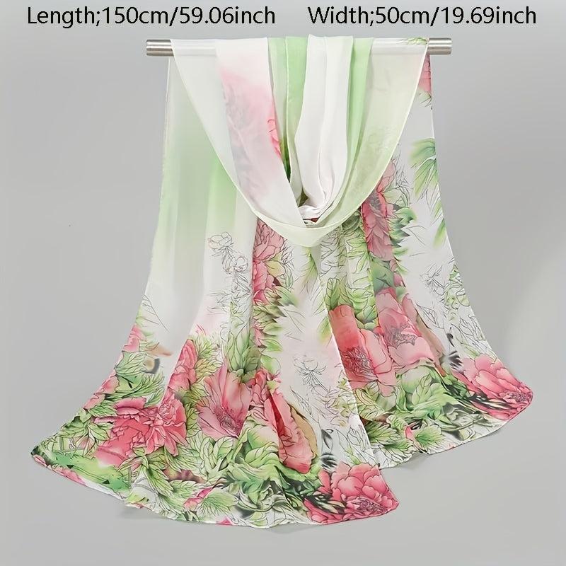 Peony Print Chiffon Scarf Gradient Silk Thin Shawl Hijab