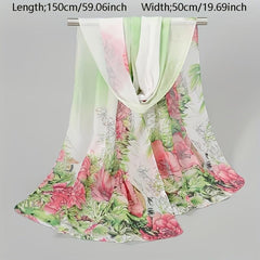 Peony Print Chiffon Scarf Gradient Silk Thin Shawl Hijab