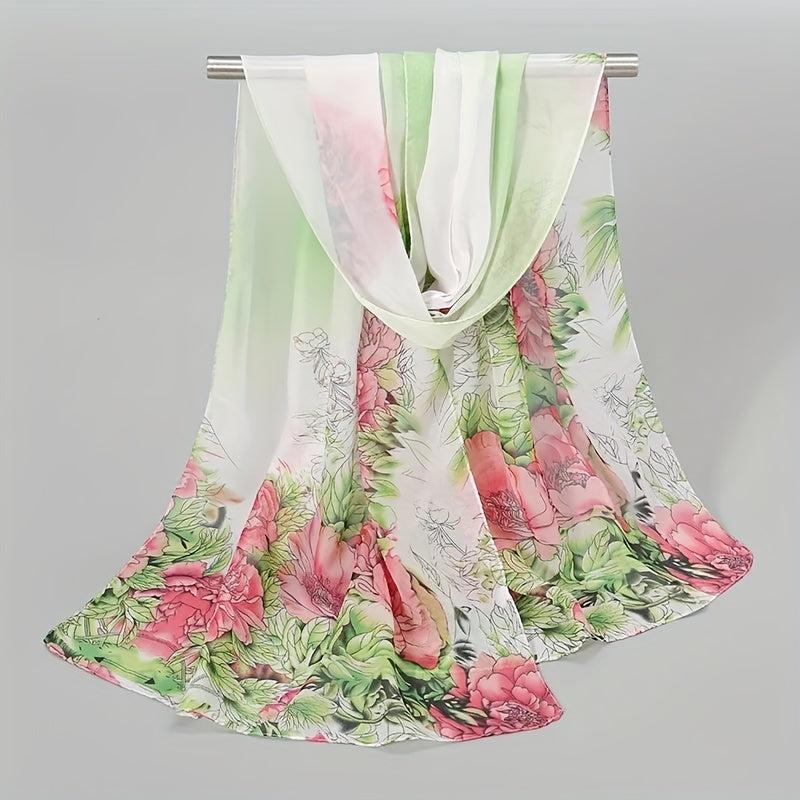 Peony Print Chiffon Scarf Gradient Silk Thin Shawl Hijab