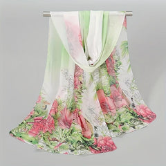 Peony Print Chiffon Scarf Gradient Silk Thin Shawl Hijab