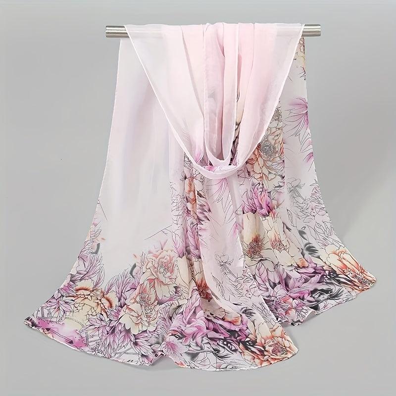 Peony Print Chiffon Scarf Gradient Silk Thin Shawl Hijab