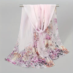 Peony Print Chiffon Scarf Gradient Silk Thin Shawl Hijab