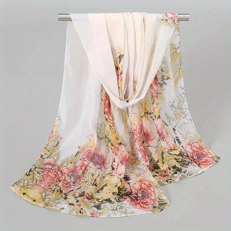 Peony Print Chiffon Scarf Gradient Silk Thin Shawl Hijab