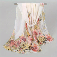 Peony Print Chiffon Scarf Gradient Silk Thin Shawl Hijab