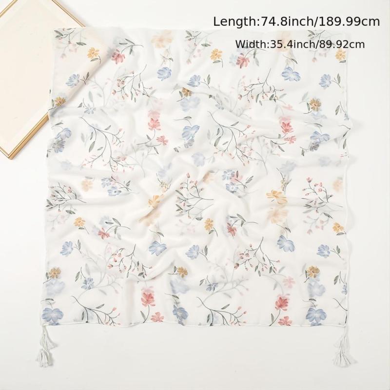 Floral Print Scarf Tassel Linen Shawl Lightweight Sunshade Shawls