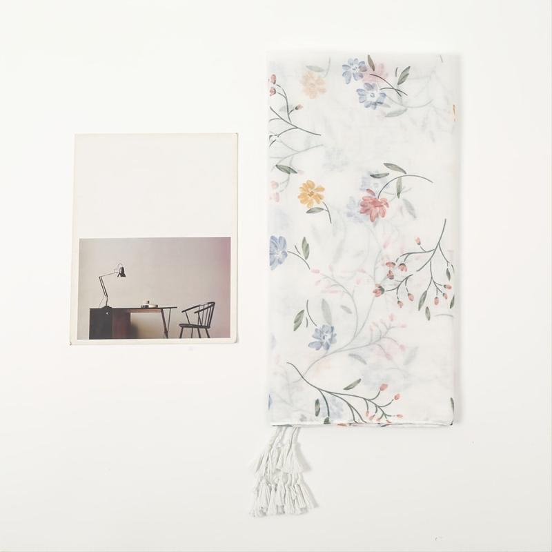 Floral Print Scarf Tassel Linen Shawl Lightweight Sunshade Shawls