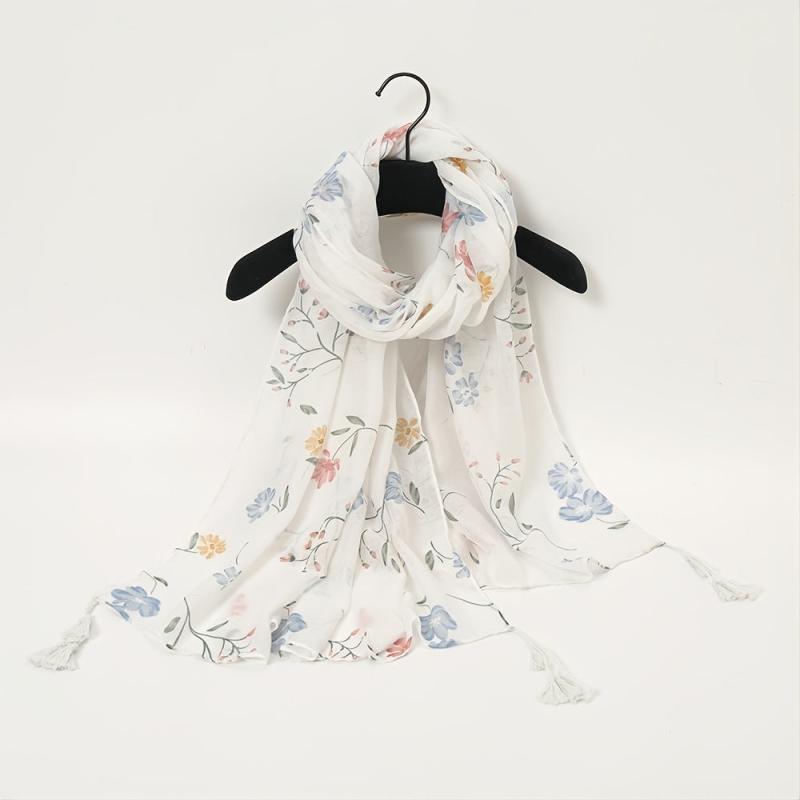 Floral Print Scarf Tassel Linen Shawl Lightweight Sunshade Shawls