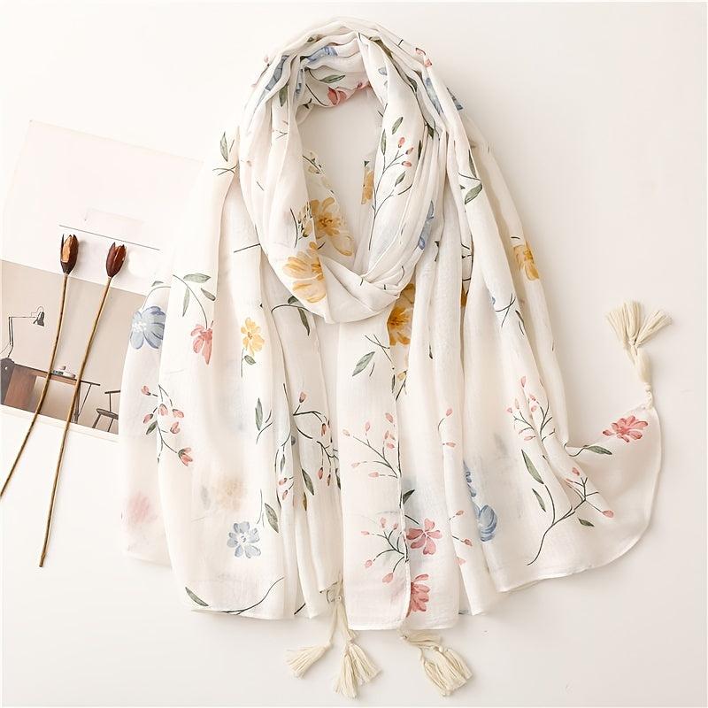 Floral Print Scarf Tassel Linen Shawl Lightweight Sunshade Shawls