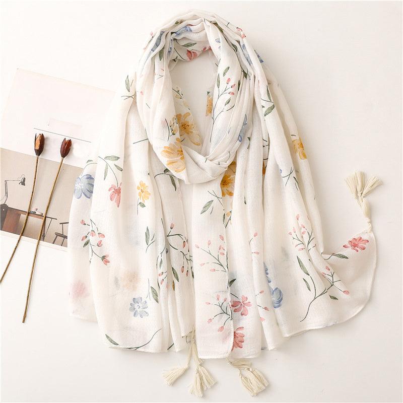 Floral Print Scarf Tassel Linen Shawl Lightweight Sunshade Shawls