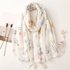 Floral Print Scarf Tassel Linen Shawl Lightweight Sunshade Shawls