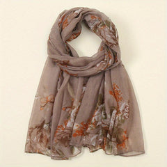 Vintage Flower Print Voile Scarf Butterfly Plants Windproof Shawl