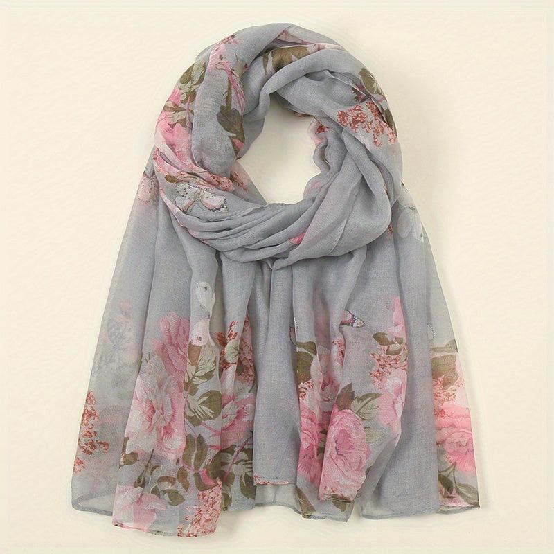 Vintage Flower Print Voile Scarf Butterfly Plants Windproof Shawl