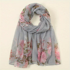 Vintage Flower Print Voile Scarf Butterfly Plants Windproof Shawl