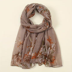 Vintage Flower Print Voile Scarf Butterfly Plants Windproof Shawl