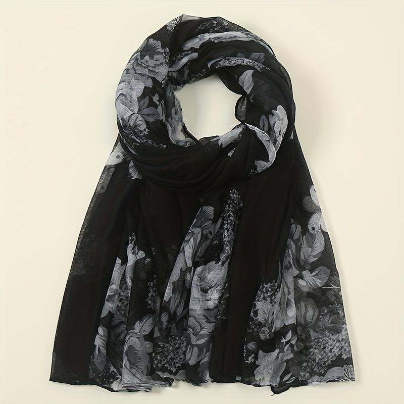 Vintage Flower Print Voile Scarf Butterfly Plants Windproof Shawl