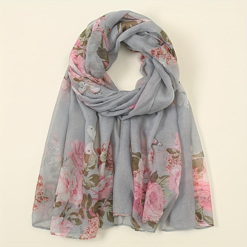 Vintage Flower Print Voile Scarf Butterfly Plants Windproof Shawl