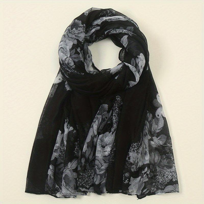 Vintage Flower Print Voile Scarf Butterfly Plants Windproof Shawl