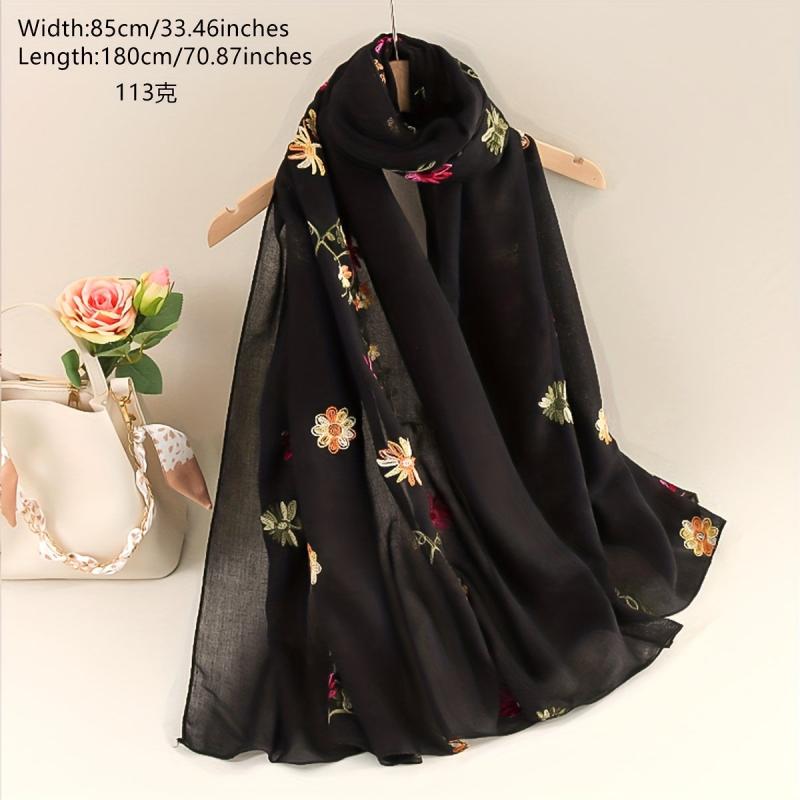 Flower Embroidery Scarf Solid Shawl Casual Head Wrap Hijab