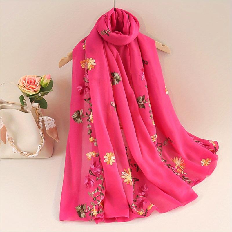 Flower Embroidery Scarf Solid Shawl Casual Head Wrap Hijab