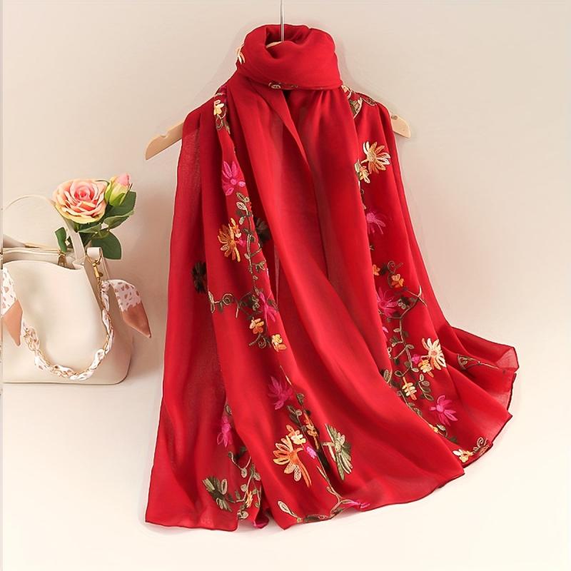 Flower Embroidery Scarf Solid Shawl Casual Head Wrap Hijab
