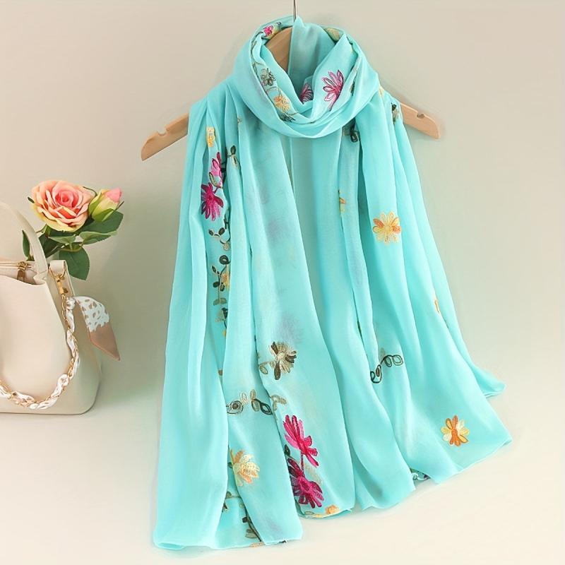Flower Embroidery Scarf Solid Shawl Casual Head Wrap Hijab