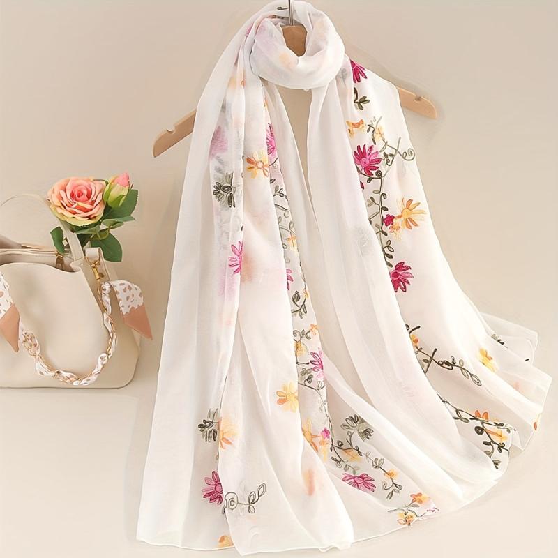 Flower Embroidery Scarf Solid Shawl Casual Head Wrap Hijab