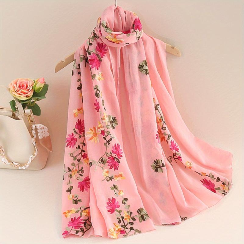 Flower Embroidery Scarf Solid Shawl Casual Head Wrap Hijab