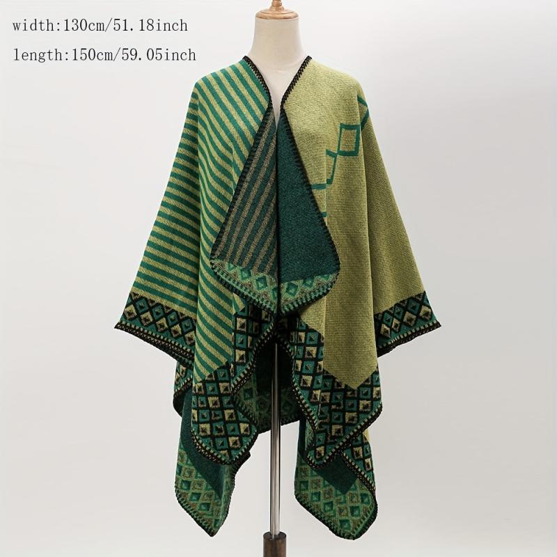 Plaid Print Shawl Geometric Pattern Warm Cape Windproof Cardigan