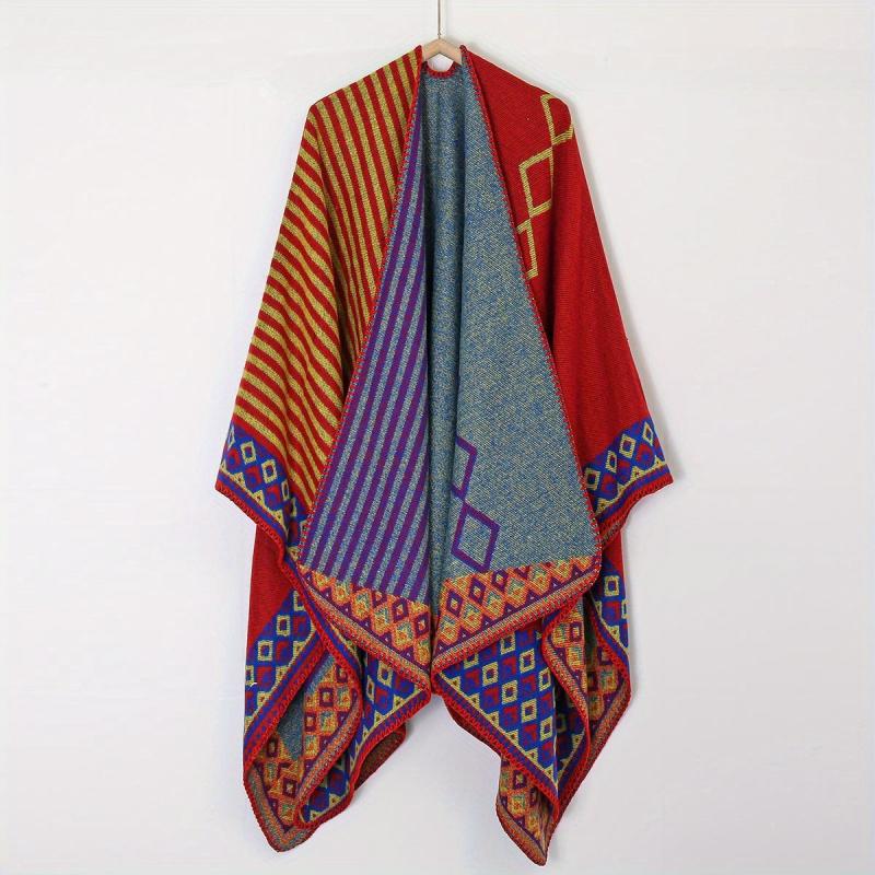 Plaid Print Shawl Geometric Pattern Warm Cape Windproof Cardigan