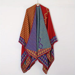 Plaid Print Shawl Geometric Pattern Warm Cape Windproof Cardigan
