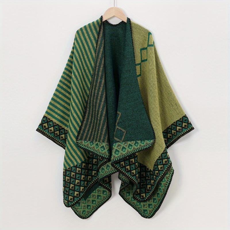 Plaid Print Shawl Geometric Pattern Warm Cape Windproof Cardigan