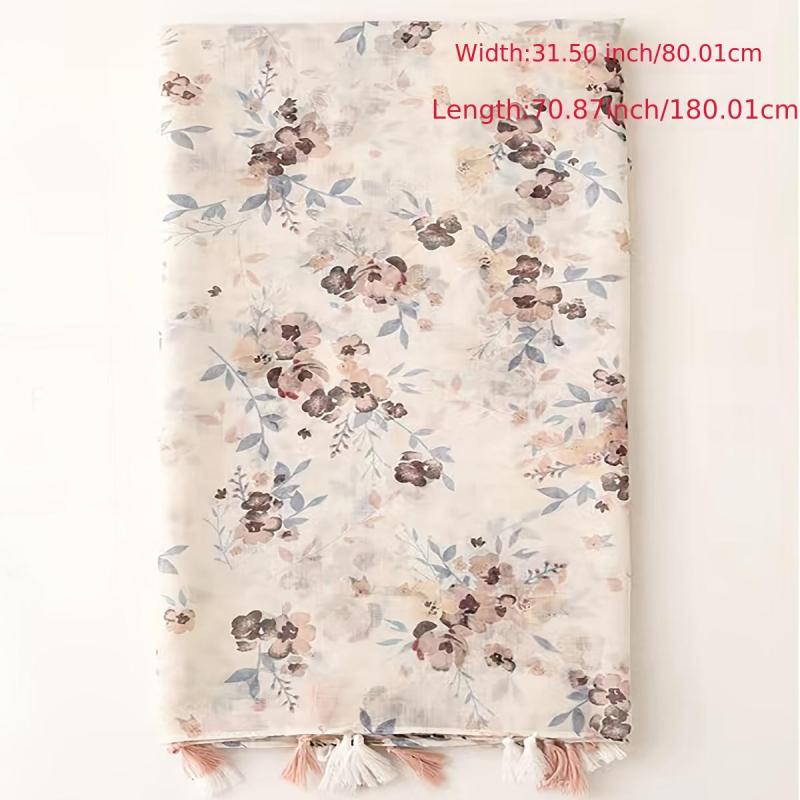 Beige Floral Print Scarf Tassel Shawl Women Outdoor Sunscreen Head Wrap