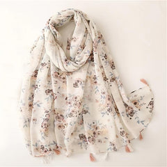 Beige Floral Print Scarf Tassel Shawl Women Outdoor Sunscreen Head Wrap