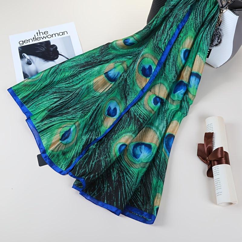 Green Peacock Feather Print Scarf Boho Vintage Shawl Women Casual