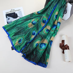 Green Peacock Feather Print Scarf Boho Vintage Shawl Women Casual