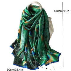 Green Peacock Feather Print Scarf Boho Vintage Shawl Women Casual
