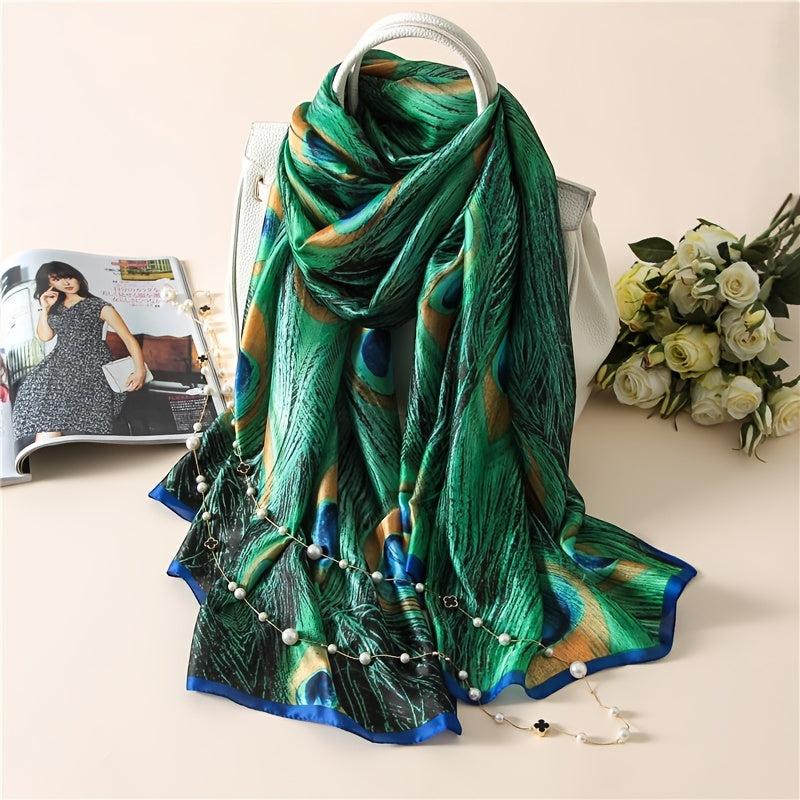 Green Peacock Feather Print Scarf Boho Vintage Shawl Women Casual