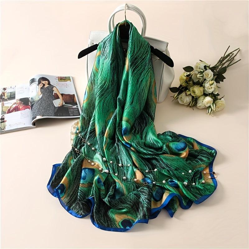 Green Peacock Feather Print Scarf Boho Vintage Shawl Women Casual