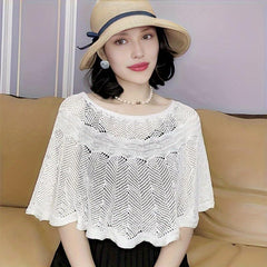 Hollow Out Knitted Shawl Solid Wrap Cape Ruffles Cardigan