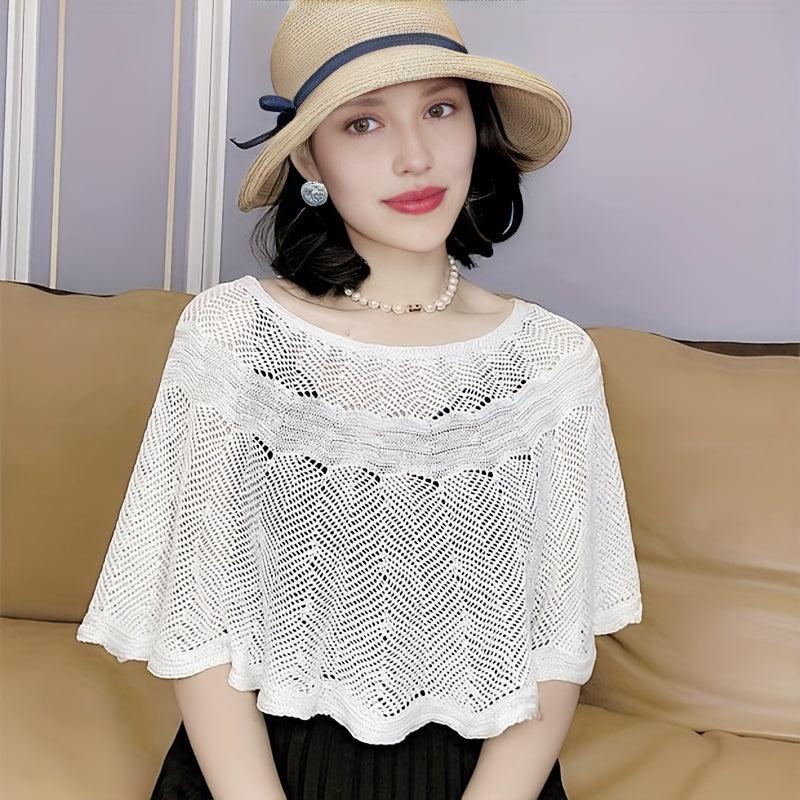 Hollow Out Knitted Shawl Solid Wrap Cape Ruffles Cardigan