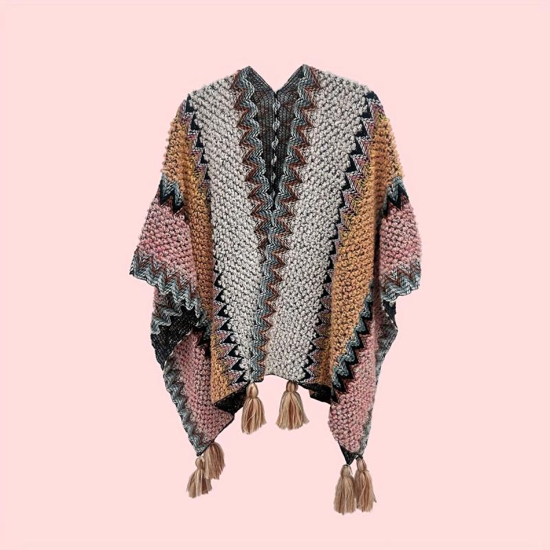 Boho Tassel Knitted Thick Shawl Vintage Cape Casual Windproof Wraps
