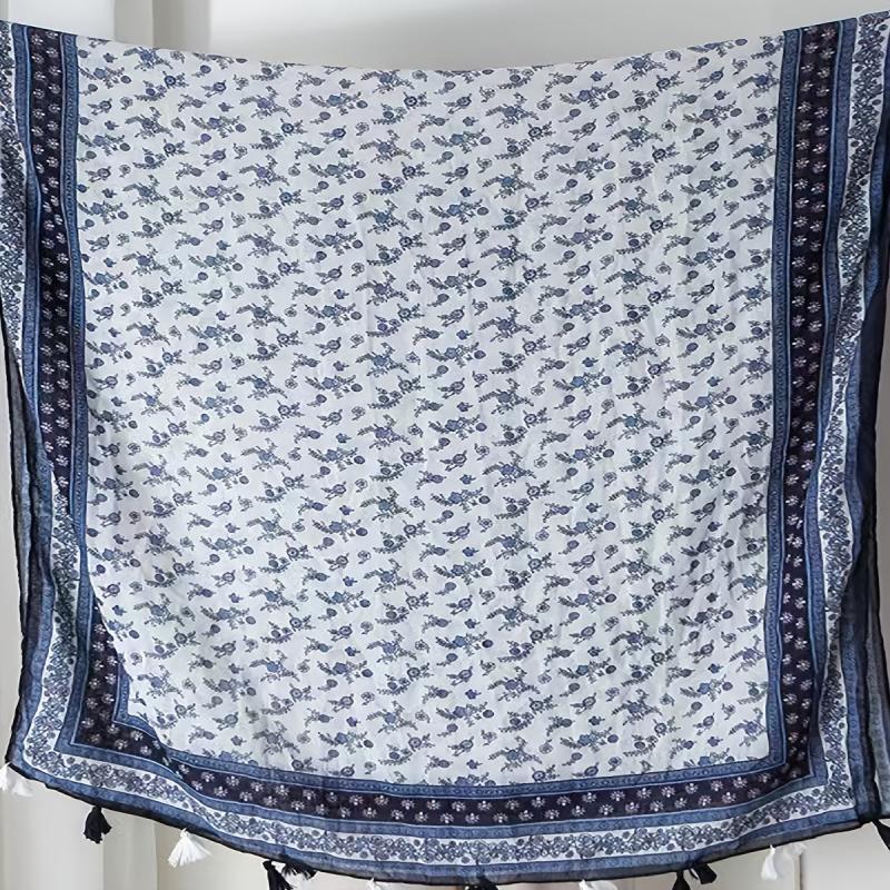Navy Floral Print Scarf Tassel Shawl Breathable Outdoor Beach Travel
