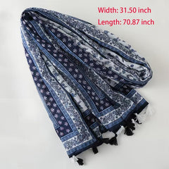 Navy Floral Print Scarf Tassel Shawl Breathable Outdoor Beach Travel