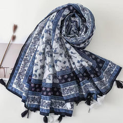 Navy Floral Print Scarf Tassel Shawl Breathable Outdoor Beach Travel