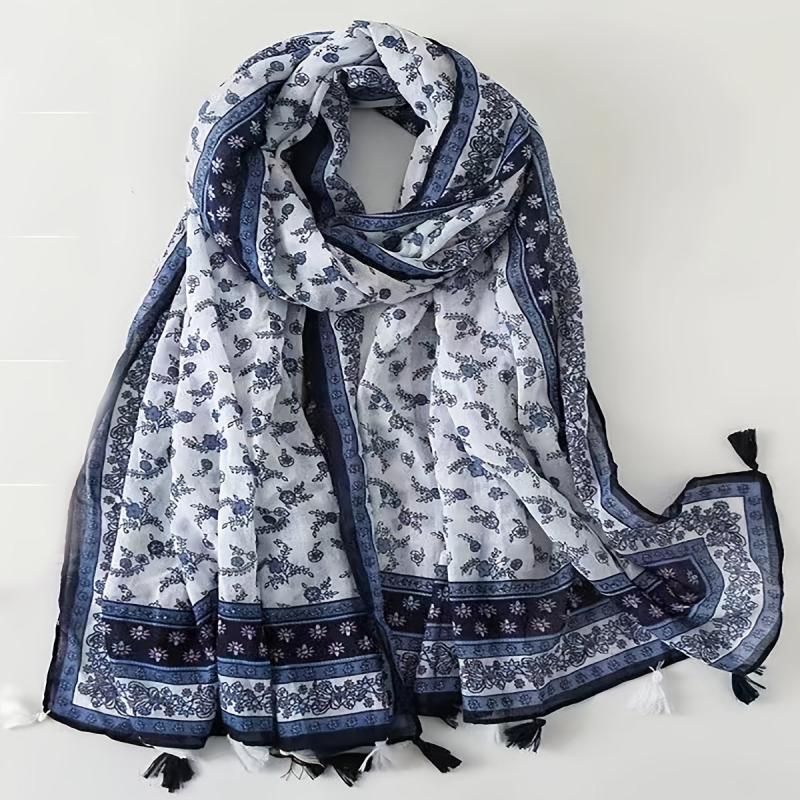 Navy Floral Print Scarf Tassel Shawl Breathable Outdoor Beach Travel
