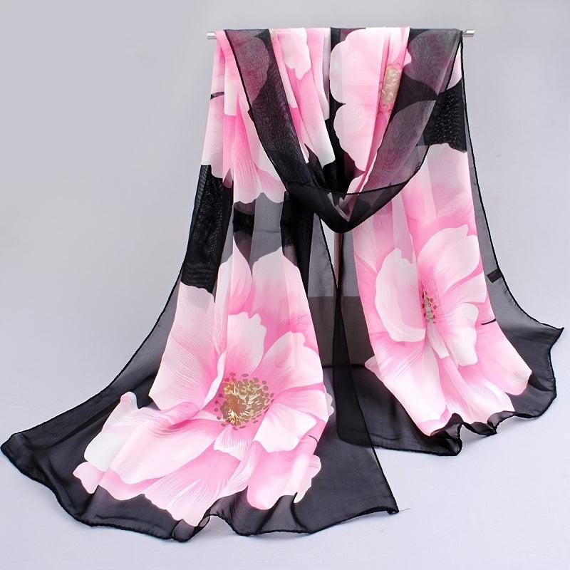 Chiffon Silk Scarf Floral Print Headwrap Large Shawl