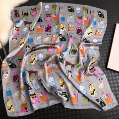Cartoon Cat Print Square Scarf Satin Bandana Vintage Silk