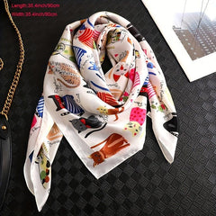 Cartoon Cat Print Square Scarf Satin Bandana Vintage Silk