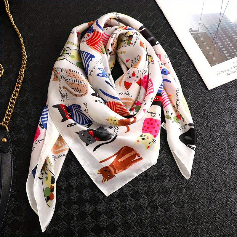 Cartoon Cat Print Square Scarf Satin Bandana Vintage Silk